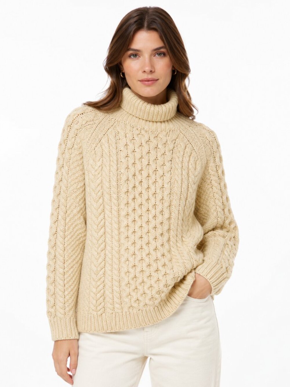 Vintage Adrien Racine Hand Knit Cream Cable Knit Turtleneck Sweater Heavy Wool